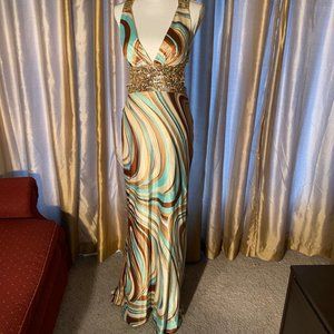 Prom Formal dress Tan teal ivory with sequins